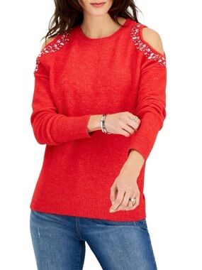 INC International‎ Concepts Red Embellished Cold-Shoulder Sweater